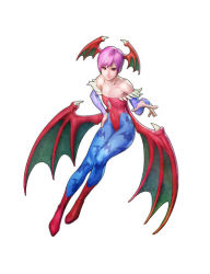 Rule 34 | 1girl, animal print, bare shoulders, bat print, bat wings, blue pantyhose, boots, bridal gauntlets, capcom, closed mouth, clothing cutout, covered navel, demon girl, elbow gloves, feathers, flat chest, full body, gloves, hand on own hip, head wings, highleg, highleg leotard, legs, leotard, light smile, lilith aensland, long legs, looking at viewer, official art, outstretched arm, pantyhose, patterned legwear, pink eyes, print legwear, purple hair, red eyes, red footwear, red leotard, short hair, simple background, smile, solo, stanley lau, strapless, strapless leotard, underboob cutout, vampire (game), vampire resurrection, white background, wings