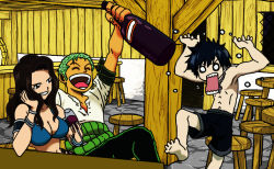 Rule 34 | 1girl, 2boys, alcohol, barefoot, black hair, bottle, breasts, cana alberona, cleavage, crossover, drinking, drinking glass, fairy tail, gray fullbuster, green hair, haramaki, jewelry, lots of jewelry, multiple boys, necklace, one piece, roronoa zoro, shirt, sitting, smile, topless, white shirt, wine, wine glass