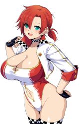 Rule 34 | 1girl, black gloves, boudica (fate), breasts, checkered clothes, checkered legwear, cleavage, clothing cutout, cowboy shot, cropped jacket, fate/grand order, fate (series), fingerless gloves, gloves, green eyes, highleg, highleg leotard, horosuke, jacket, large breasts, leotard, long hair, looking at viewer, low ponytail, navel cutout, open clothes, open mouth, race queen, red hair, simple background, solo, thighhighs, white background, white jacket, white leotard
