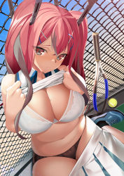 Rule 34 | 1girl, azur lane, bare shoulders, black panties, bow, bra, breasts, bremerton (azur lane), bremerton (scorching-hot training) (azur lane), chain-link fence, clothes lift, collared shirt, crop top, fence, from above, grey hair, hair between eyes, hair bow, hair ornament, hairclip, head tilt, heart, heart necklace, highres, jewelry, large breasts, lifting own clothes, long hair, looking at viewer, machimura komori, mole, mole under eye, multicolored hair, necklace, outdoors, panties, parted lips, pink eyes, pink hair, shirt, shirt lift, sitting, skirt, sleeveless, sleeveless shirt, streaked hair, sweatdrop, twintails, two-tone hair, two-tone shirt, two-tone skirt, underwear, unworn skirt, white bra, x hair ornament