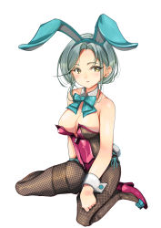 Rule 34 | 1girl, absurdres, adapted costume, alternate costume, animal ears, black pantyhose, borrowed design, bow, bowtie, breasts, covered navel, detached collar, fake animal ears, fake tail, fishnet pantyhose, fishnets, grey hair, high heels, highres, kantai collection, leotard, looking at viewer, medium breasts, medium hair, mole, mole on neck, pantyhose, pink leotard, playboy bunny, rabbit ears, rabbit tail, short hair, side-tie leotard, sitting, solo, strapless, strapless leotard, tail, tamanami (kancolle), traditional bowtie, wariza, white background, wrist cuffs, yashin (yasinz), yellow eyes