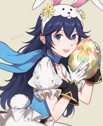 Rule 34 | 1girl, animal ears, blue eyes, blue hair, blue leotard, blue scarf, commentary request, fake animal ears, fake tail, fire emblem, fire emblem awakening, fire emblem heroes, gloves, grey background, hair between eyes, highres, leotard, long hair, looking at viewer, lucina (fire emblem), lucina (spring) (fire emblem), nintendo, official alternate costume, pantyhose, peach11 01, puffy short sleeves, puffy sleeves, rabbit tail, scarf, short sleeves, simple background, smile, solo, tail, twitter username, white gloves, white pantyhose, white sleeves