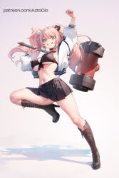 Rule 34 | 1girl, ai-assisted, aztodio, bear hair ornament, black skirt, blonde hair, blue eyes, blush, boots, breasts, danganronpa: trigger happy havoc, danganronpa (series), enoshima junko, full body, grin, hair ornament, hammer, jacket, knee boots, large breasts, long hair, looking at viewer, navel, open clothes, open jacket, patreon username, skirt, smile, solo, twintails, white jacket