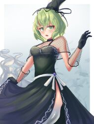 Rule 34 | 1girl, adapted costume, black hat, commentary, dress, ghost tail, green dress, green eyes, green hair, hair between eyes, hat, highres, looking at viewer, open mouth, pygrenix, short sleeves, soga no tojiko, solo, tate eboshi, touhou