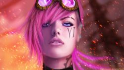 Rule 34 | 1girl, goggles, goggles on head, highres, league of legends, lips, magicnaanavi, nose piercing, piercing, pink hair, portrait, realistic, solo, tattoo, vi (league of legends)