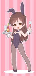 Rule 34 | 1girl, alcohol, animal ears, black bow, black bowtie, black leotard, black pantyhose, bottle, bow, bowtie, breasts, brown eyes, brown hair, champagne, champagne flute, commentary request, cup, detached collar, drinking glass, fake animal ears, full body, glass, idolmaster, idolmaster cinderella girls, leotard, long hair, looking at viewer, medium breasts, nitta minami, pantyhose, pink background, playboy bunny, rabbit ears, smile, solo, standing, strapless, strapless leotard, striped, striped background, susagane, tray, wrist cuffs