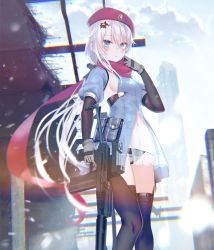 Rule 34 | 1girl, 9a-91, 9a-91 (girls&#039; frontline), absurdres, assault rifle, beret, black panties, blue dress, blue eyes, blue sky, blush, breasts, chromatic aberration, cityscape, cloud, day, dress, floating hair, girls&#039; frontline, gloves, gun, hair between eyes, hair ornament, hat, highres, holding, holding gun, holding weapon, long hair, looking at viewer, low twintails, medium breasts, navel, outdoors, panties, pottsness, pouch, red scarf, rifle, scarf, see-through, sideboob, silver hair, sky, snow, solo, star (symbol), star hair ornament, thighhighs, twintails, underwear, very long hair, weapon, wind