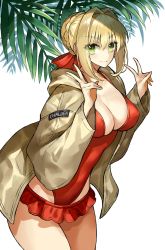 Rule 34 | 1girl, ahoge, blonde hair, blush, braid, breasts, brown jacket, cleavage, closed mouth, collarbone, double v, ero waifu, fate/extra, fate/grand order, fate (series), french braid, green eyes, hair bun, hair intakes, hair ribbon, jacket, large breasts, long hair, long sleeves, looking at viewer, nero claudius (fate), nero claudius (fate) (all), nero claudius (fate/extra), official style, one-piece swimsuit, red one-piece swimsuit, red ribbon, ribbon, simple background, single hair bun, smile, solo, swimsuit, thighs, v, white background
