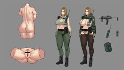 Rule 34 | 1girl, anus, ass, bag, boots, breasts, brown hair, censored, flash grenade, gloves, gun, highres, huge breasts, jin yi dui, large breasts, military, military uniform, nail polish, pants, phone, pubic hair, pussy, red nails, uniform, weapon