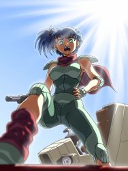 Rule 34 | 1girl, armor, blue hair, elbow pads, female focus, foreshortening, green eyes, gun, hair bobbles, hair ornament, hand on own hip, knee pads, kneeling, leg warmers, looking at viewer, open mouth, paranopoda, rag uralo, scarf, sentou mecha xabungle, shoulder pads, side ponytail, sky, solo, tagme, vehicle, weapon
