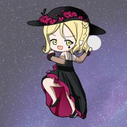 1girl, alternate hairstyle, anklet, arm ribbon, artist name, artist request, bare legs, bare shoulders, birthday, black choker, black corset, black detached collar, black dress, black feathers, black footwear, black headwear, black high heels, black skirt, black wrist cuffs, blonde hair, blush, braid, breasts, chibi, choker, cleavage, collarbone, corset, criss-cross halter, cross-laced clothes, cross-laced dress, crown braid, dress, earrings, elbow sleeves, facial mark, female focus, flower, flower print, from behind, full body, guilty kiss (love live!), hair bun, hair rings, halterneck, happy birthday, hat, hat flower, high heels, highres, jewelry, large hat, light brown eyes, looking at viewer, looking back, love live!, love live! school idol festival, love live! sunshine!!, new romantic sailors, ohara mari, outdoors, parted lips, plaid, plaid dress, plaid skirt, pleated, pleated dress, pleated skirt, purple flower, ribbon, short hair, skirt, sky, sleeveless, sleeveless dress, smile, solo, sparkle print, standing, standing on one leg, star (sky), star tattoo, tattoo, wrist cuffs, yellow eyes