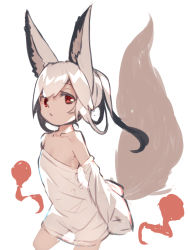 Rule 34 | 1girl, animal ear fluff, animal ears, closed mouth, detached sleeves, dress, fox ears, fox girl, fox tail, long hair, long sleeves, looking at viewer, original, red eyes, silver hair, sketch, sleeves past fingers, sleeves past wrists, solo, strapless, strapless dress, tail, tail raised, white dress, yuuji (yukimimi)