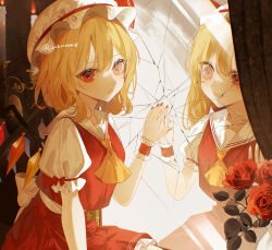 Rule 34 | 1girl, arm at side, ascot, back bow, blonde hair, bow, broken glass, candle, candlestand, commentary, cowboy shot, crystal, different reflection, eyelashes, fire, flandre scarlet, frilled skirt, frilled wrist cuffs, frills, glass, hair between eyes, hand on mirror, hand up, hat, hat ribbon, highres, indoors, looking at another, looking at viewer, lower teeth only, medium hair, mirror, mob cap, open mouth, puffy short sleeves, puffy sleeves, red bow, red eyes, red nails, red ribbon, red skirt, red vest, red wrist cuffs, reflection, ribbon, sailor collar, shirt, short sleeves, side ponytail, sidelighting, sitting, skirt, sleeve bow, smile, solo, teeth, touhou, tsurime, uzmee, vest, white bow, white hat, white sailor collar, white shirt, wide-eyed, wings, wrist cuffs, yellow ascot