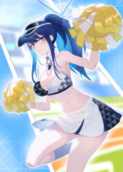 Rule 34 | 1girl, blue archive, blue hair, blue halo, blush, breasts, cheerleader, cleavage, commentary request, detached collar, halo, highres, holding, holding pom poms, long hair, matsumoto tomoyohi, medium breasts, millennium cheerleader outfit (blue archive), navel, open mouth, partial commentary, pleated skirt, pom pom (cheerleading), pom poms, ponytail, purple eyes, saori (blue archive), skirt, solo, white skirt
