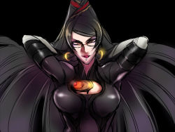Rule 34 | 1girl, amulet, bayonetta, bayonetta (series), beehive hairdo, black hair, bodysuit, breasts, candy, cleavage, cleavage cutout, clothing cutout, crescent, crescent earrings, earrings, elbow gloves, food, glasses, gloves, hair ribbon, hands in hair, jewelry, kaneaki mukku, large breasts, lips, lollipop, long hair, mole, mole on breast, red eyes, ribbon, solo, swept bangs, very long hair, white gloves