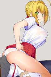 Rule 34 | 10s, 1boy, 1girl, ahoge, ass, bad id, bad pixiv id, blonde hair, blouse, braid, bulge, clothes lift, erection, erection under clothes, eyes visible through hair, fate/extra, fate (series), green eyes, hair between eyes, hair intakes, highres, kneehighs, lifted by self, looking back, miniskirt, nero claudius (fate), nero claudius (fate) (all), nero claudius (fate/extra), panties, school uniform, shirt, sitting, sitting on person, skirt, skirt lift, socks, solo focus, tear tear0320, thighs, underwear, white shirt