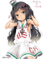 Rule 34 | 1girl, akino shuu, black hair, bow, closed mouth, commentary request, diagonal-striped clothes, diagonal-striped neckerchief, diagonal-striped neckwear, dress, eighth note, fang, fang out, grecale (kancolle), green eyes, hair bow, hands in hair, hands up, hat, head tilt, kantai collection, long hair, mini hat, musical note, neckerchief, pink bow, pleated dress, sailor collar, sailor dress, simple background, sleeveless, sleeveless dress, smile, solo, striped clothes, striped neckerchief, striped neckwear, translation request, two side up, very long hair, white background, white dress, white hat, white sailor collar