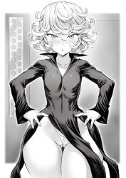 Rule 34 | 1girl, :o, blush, breasts, check commentary, cleft of venus, commentary, commentary request, cowboy shot, curly hair, dress, flipped hair, gluteal fold, greyscale, hair between eyes, hands on own hips, highres, looking at viewer, mogudan, monochrome, narrow waist, one-punch man, panties, parted lips, partially visible vulva, short hair, small breasts, solo, standing, straight-on, tatsumaki, thigh gap, thong, underwear, wide hips