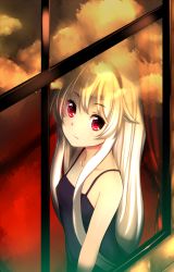 Rule 34 | 1girl, aphilia (kiyomin), camisole, cloud, dusk, fang, highres, kiyomin, long hair, looking at viewer, looking outside, original, red eyes, reflection, silver hair, sky, solo, vampire, window