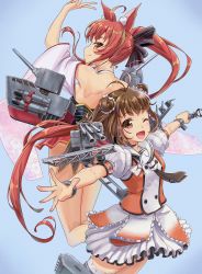 Rule 34 | 2girls, ahoge, animal ears, antenna hair, azur lane, back-to-back, brown eyes, brown hair, buttons, cannon, commentary request, cowboy shot, double-breasted, double bun, floral print, fox ears, fox tail, frilled skirt, frills, from behind, hair bun, highres, historical name connection, japanese clothes, kantai collection, kimono, long hair, looking at viewer, looking back, machinery, microphone, multiple girls, naka (azur lane), naka (kancolle), name connection, off shoulder, one eye closed, orange eyes, ponytail, red hair, sailor collar, school uniform, serafuku, skirt, tail, tarou (user tpmh7442), thighhighs, turret, white sailor collar, white skirt