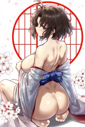 Rule 34 | 1girl, absurdres, ass, breasts, brown hair, curvy, ebora, fate/grand order, fate (series), highres, huge ass, japanese clothes, kara no kyoukai, kimono, large breasts, looking back, nude, ryougi shiki, sideboob, sitting, solo, undressing, wariza