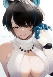 Rule 34 | 1girl, animal ears, bare shoulders, black hair, blue eyes, blue hair, breasts, character name, cleavage, cleavage cutout, clothing cutout, erina makina, fingernails, highres, jewelry, large breasts, mechanical arms, motoiwork, multicolored hair, necklace, parted lips, phase connect, ribbed sweater, sharp fingernails, short hair, single mechanical arm, solo, streaked hair, sweater, tiger ears, tiger girl, upper body, virtual youtuber, white sweater