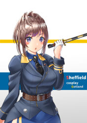 Rule 34 | 1girl, belt, black necktie, blue eyes, blue shirt, blue skirt, brown hair, character name, collared shirt, commentary request, commission, cosplay, cowboy shot, gloves, gotland (kancolle), gotland (kancolle) (cosplay), half gloves, kantai collection, long hair, mayura (lucadia), messy hair, military, military uniform, necktie, sheffield (kancolle), shirt, skirt, solo, sword, two-tone background, uniform, weapon, white gloves