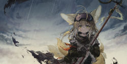 Rule 34 | 1girl, animal ears, arknights, black ribbon, black scarf, blonde hair, cloud, cloudy sky, dirty, dirty face, fox ears, fox girl, fox tail, goggles, goggles on head, gradient hair, hair ribbon, highres, holding, holding staff, long sleeves, looking at viewer, multicolored hair, multiple tails, outdoors, rain, ribbon, scarf, shio (shiofeifei), sky, solo, staff, suzuran (arknights), suzuran (lostlands flowering) (arknights), tail, torn clothes, white hair, yellow eyes