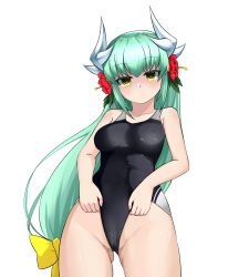 Rule 34 | 1girl, black one-piece swimsuit, bow, breasts, cameltoe, competition swimsuit, covered navel, cowboy shot, d z, dragon girl, dragon horns, fate/grand order, fate (series), flower, green hair, hair bow, hair flower, hair ornament, highres, horns, kiyohime (fate), kiyohime (fate/grand order), kiyohime (swimsuit lancer) (fate), kiyohime (swimsuit lancer) (second ascension) (fate), long hair, low-tied long hair, multiple horns, one-piece swimsuit, red flower, small breasts, solo, swimsuit, yellow bow, yellow eyes