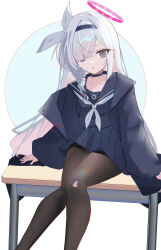 Rule 34 | 1girl, plana (blue archive), absurdres, black pantyhose, blue archive, choker, desk, grey eyes, hairband, highres, jacket, long hair, looking at viewer, multicolored hair, musicatopos, off shoulder, pantyhose, parted lips, pink hair, pleated skirt, school desk, school uniform, serafuku, simple background, sitting, skirt, solo, torn clothes, torn pantyhose, two-tone hair, white background, white hair