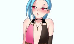 Rule 34 | 1girl, animated, animated gif, blue hair, blush, breasts, disembodied limb, covered erect nipples, female focus, flat chest, jinx (league of legends), league of legends, lowres, nipples, pd (pdpdlv1), red eyes, riot games, rubbing