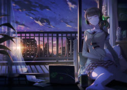 Rule 34 | 1girl, barefoot, blue sky, breasts, building, city, closed eyes, closed mouth, cloud, cluseller, collarbone, computer, cup, curtains, cushion, drink, envelope, female focus, glowing, gradient sky, green neckerchief, green ribbon, hair ribbon, happy, headphones, hinamizawa kurumi, indoors, knees together feet apart, laptop, letter, long sleeves, medium breasts, miniskirt, mole, mole under mouth, mug, neckerchief, orange skirt, paper, pleated skirt, pygmalion. (group), railing, ribbon, shirt, side ponytail, sitting, skirt, sky, skyscraper, smile, solo, star (sky), steam, sunset, sweater, trophy, virtual youtuber, white shirt, yellow sweater