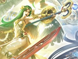 Rule 34 | 1girl, arm up, armlet, armpits, bare shoulders, bracelet, bracer, breasts, circlet, clenched hand, cross-laced footwear, dress, feathers, female focus, green eyes, green hair, headpiece, holding, holding staff, jewelry, kid icarus, kid icarus uprising, long dress, long hair, looking back, looking to the side, lots of jewelry, matching hair/eyes, medium breasts, neck, neck ring, nintendo, official art, open mouth, outstretched arm, palutena, parted bangs, pendant, round teeth, serious, shield, side slit, staff, strapless, strapless dress, super smash bros., teeth, thighhighs, white dress, white thighhighs, wings