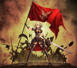 Rule 34 | axe, banner, battle axe, boots, breasts, flag, geeto gaadian, gradient background, highres, multiple boys, multiple girls, original, pixiv fantasia, pixiv fantasia t, polearm, solo focus, sword, thigh strap, weapon