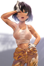Rule 34 | 1girl, ;d, arm up, bare shoulders, black hair, blush, breasts, brown hair, clothes around waist, contrapposto, cowboy shot, dark-skinned female, dark skin, dirty, dirty clothes, girls und panzer, gloves, green eyes, hand on own hip, highres, hoshino (girls und panzer), jumpsuit, looking at viewer, medium breasts, navel, no bra, one eye closed, open mouth, orange jumpsuit, pants, see-through, shirt, short hair, smile, solo, standing, stomach, sweat, tank top, tied shirt, wa (genryusui), wet, wet clothes, white gloves, white shirt