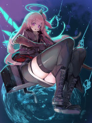 Rule 34 | 1girl, absurdres, ambriel (arknights), arknights, black footwear, black jacket, black skirt, black thighhighs, boots, commentary, cross-laced footwear, gun, halo, highres, holding, holding gun, holding weapon, jacket, lace-up boots, long hair, looking at viewer, mannouyakunta, one side up, open mouth, pencil skirt, pink hair, purple eyes, rifle, skirt, solo, thighhighs, thighs, very long hair, weapon