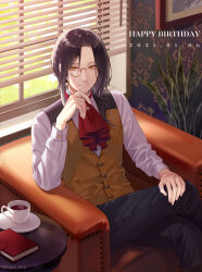 Rule 34 | 1boy, armchair, ascot, black hair, black pants, book, brooch, brown vest, chair, closed mouth, coffee, crossed legs, cuff links, cup, day, drawing (object), feet out of frame, fukahire (ruinon), hand on own chin, hand on own knee, highres, indoors, jewelry, long sleeves, looking at viewer, low ponytail, male focus, medium hair, monocle, nijisanji, pants, parted bangs, plant, red ascot, saucer, shellin burgundy, shirt, sitting, smile, solo, table, vest, virtual youtuber, wallpaper (object), white shirt, window, window blinds, yellow eyes