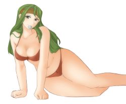 Rule 34 | 1girl, bandana, bare shoulders, blush, bra, breasts, cleavage, collarbone, condom, condom in mouth, condom wrapper, curvy, fire emblem, fire emblem: the sacred stones, fire emblem heroes, green eyes, green hair, large breasts, light blush, long hair, looking at viewer, lying, mouth hold, navel, nintendo, on side, panties, sitting, solo, syrene (fire emblem), thighs, transparent background, tridisart, underwear, wide hips