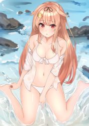 Rule 34 | bikini, black ribbon, blonde hair, breasts, cleavage, commentary request, front-tie top, gradient hair, hair flaps, hair ornament, hair ribbon, hairclip, highres, kantai collection, long hair, looking at viewer, medium breasts, multicolored hair, navel, open clothes, open shirt, partially submerged, red eyes, ribbon, rock, shiina aoi, shirt, sitting, solo, swimsuit, wariza, water, white bikini, white shirt, yuudachi (kancolle), yuudachi kai ni (kancolle)