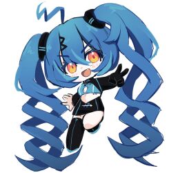 Rule 34 | 1girl, ahoge, black gloves, black jacket, black skirt, blue hair, blush, gloves, highres, jacket, long hair, looking at viewer, open mouth, original, project moon, quad tails, saccharhythm, skirt, smile, solo, twintails, v, very long hair, yellow eyes