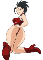 Rule 34 | 1girl, ass, black eyes, black hair, boku no hero academia, boots, breasts, closed mouth, commentary, full body, hair pulled back, hand on own hip, highres, leotard, long hair, looking at viewer, medium breasts, ponytail, red leotard, smile, solo, toshinoshin, white background, yaoyorozu momo