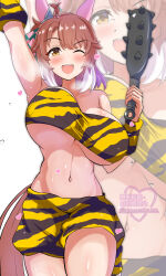 1girl ;d absurdres amayoruao animal_ears animal_print bikini bouncing_breasts bow breasts club club_(weapon) commentary_request dantsu_flame_(umamusume) ear_covers ear_ribbon highres holding holding_weapon horse_ears horse_girl horse_tail kanabou large_breasts midriff multicolored_hair navel one_eye_closed open_mouth setsubun short_hair simple_background smile solo swimsuit tail tiger_print two-tone_hair umamusume underboob weapon white_background white_hair yellow_bikini yellow_eyes zoom_layer