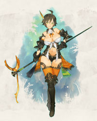 Rule 34 | 1girl, ahoge, armor, bare shoulders, bikini armor, bird, bra, breasts, brown hair, cleavage, feathers, gloves, greaves, green eyes, highres, large breasts, midriff, navel, pixiv fantasia, pixiv fantasia new world, short hair, short shorts, shorts, smile, solo, staff, thighhighs, underwear, zhuzi