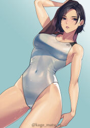 Rule 34 | 1girl, absurdres, arm up, bare arms, bare shoulders, black hair, breasts, covered navel, highleg, highleg swimsuit, highres, kagematsuri, large breasts, long hair, looking at viewer, one-piece swimsuit, original, parted lips, purple eyes, simple background, solo, swimsuit, thighs, wet, white one-piece swimsuit