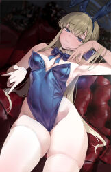Rule 34 | 1girl, absurdres, animal ears, blonde hair, blue archive, blue eyes, blue halo, blue leotard, blue ribbon, breasts, choisd4516, collar, couch, detached collar, fake animal ears, halo, highres, leotard, long hair, looking at viewer, medium breasts, neck ribbon, playboy bunny, rabbit ears, ribbon, solo, thighhighs, thighs, toki (blue archive), toki (bunny) (blue archive), white collar, white thighhighs, white wrist cuffs, wrist cuffs