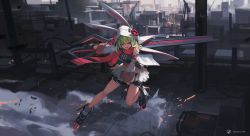 Rule 34 | 1girl, black gloves, boots, breasts, character request, cityscape, commentary, commission, copyright request, fang, gloves, green hair, highres, holding, holding weapon, large breasts, looking at viewer, miv4t, red eyes, short hair, smile, solo, weapon