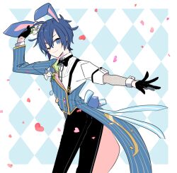 Rule 34 | 1boy, animal ears, argyle, argyle background, argyle clothes, black bow, black bowtie, black gloves, black pants, blue background, blue coat, blue eyes, blue hair, bow, bowtie, coat, commentary request, confetti, fishnets, gloves, heart, kaito (vocaloid), looking at viewer, looking back, male focus, one eye closed, pants, rabbit ears, shirt, sleeves rolled up, smile, solo, striped, striped coat, suspenders, tailcoat, twisted torso, vertical-striped coat, vocaloid, white shirt, white wrist cuffs, wrist cuffs, yoshiki
