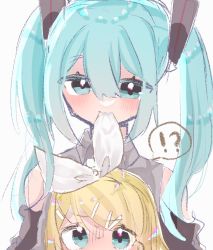 Rule 34 | !?, 2girls, ao kotoha, aqua eyes, aqua hair, bare shoulders, black sleeves, blonde hair, blush, bow, commentary, detached sleeves, grey shirt, hair bow, hair ornament, hairclip, hatsune miku, highres, kagamine rin, long hair, looking at another, looking down, looking up, mouth hold, multiple girls, shirt, sketch, sleeveless, sleeveless shirt, speech bubble, spoken interrobang, twintails, upper body, vocaloid, white background, white bow