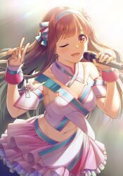 Rule 34 | 1girl, ;), arm cuffs, breasts, brown hair, crop top, detached collar, frilled skirt, frills, hairband, hands up, highres, holding, holding microphone, idol clothes, idolmaster, idolmaster million live!, layered skirt, long hair, looking at viewer, medium breasts, microphone, nanaran, one eye closed, pink skirt, skirt, smile, solo, tanaka kotoha, v, wrist cuffs