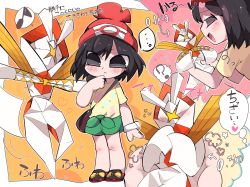 Rule 34 | ..., 1girl, :&lt;, :d, ?, antennae, arrow (symbol), bad id, bad pixiv id, bag, beanie, black eyes, black hair, blouse, blush, chibi, closed eyes, closed mouth, creatures (company), floral print, full body, g perarikku, game freak, gen 7 pokemon, green shorts, hair between eyes, handbag, hat, heart, holding, kartana, legendary pokemon, legs together, motion lines, musical note, nintendo, open mouth, origami, paper, poke ball theme, pokemon, pokemon (creature), pokemon sm, quaver, red hat, selene (pokemon), shirt, shoes, short hair, shorts, sideways mouth, smile, sneakers, speech bubble, spoken ellipsis, spoken musical note, spoken question mark, standing, thought bubble, tied shirt, translation request, ultra beast, yellow shirt